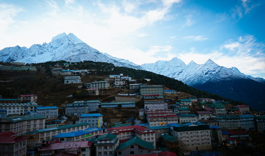 Namche Bazaar beneath snow peaks on the Everest trail