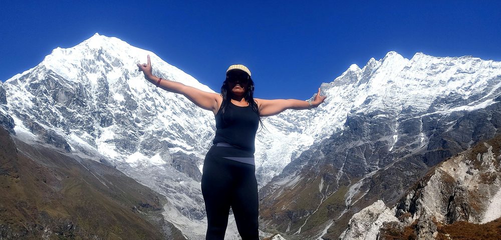 Traveller celebrating in the Langtang Himalaya
